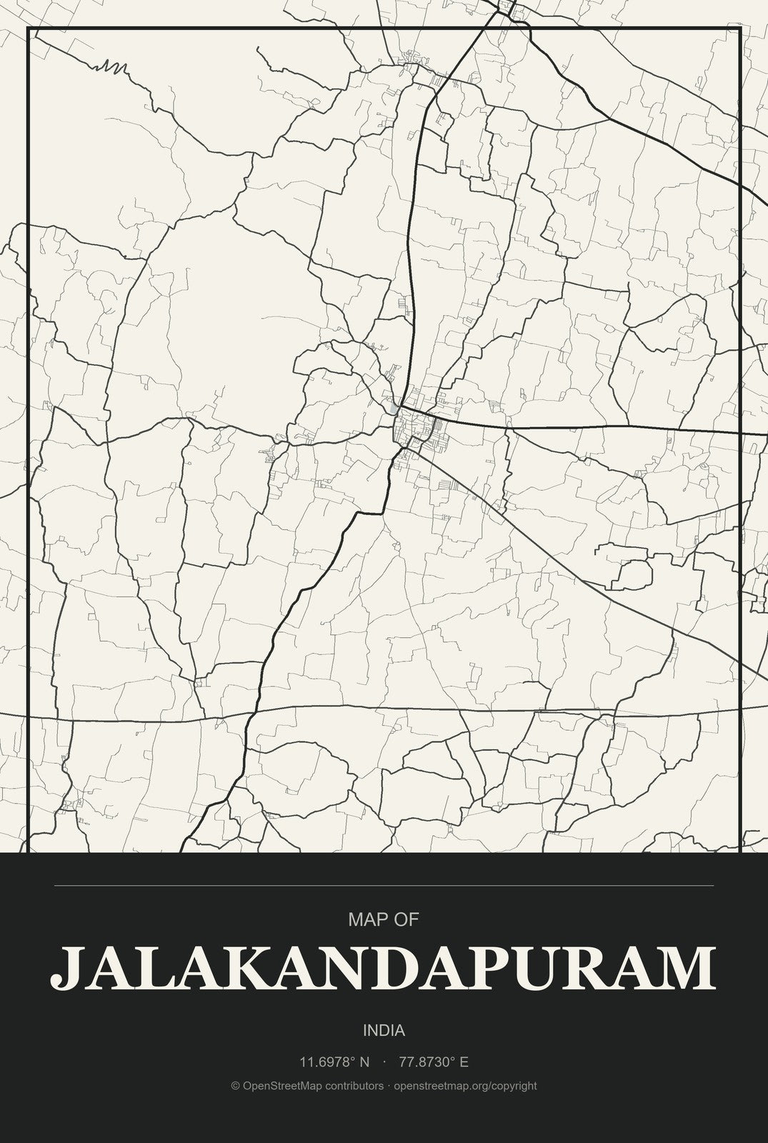 Jalakandapuram, India City Map Aluminum Sign in Museum Plaque style