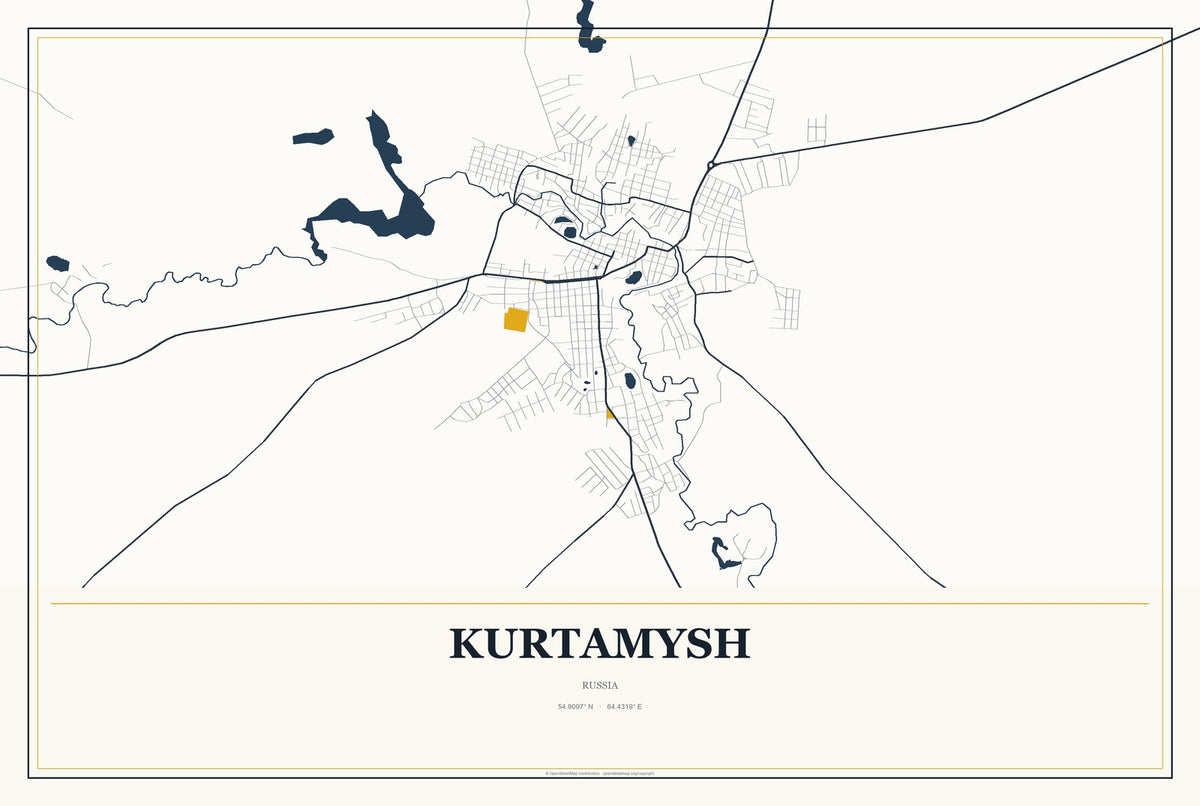 Kurtamysh, Russia City Map Aluminum Sign in Citrine Modern style