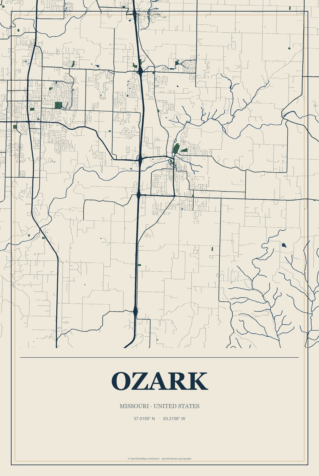 Ozark, Missouri City Map Aluminum Sign in Coastal Cutout style