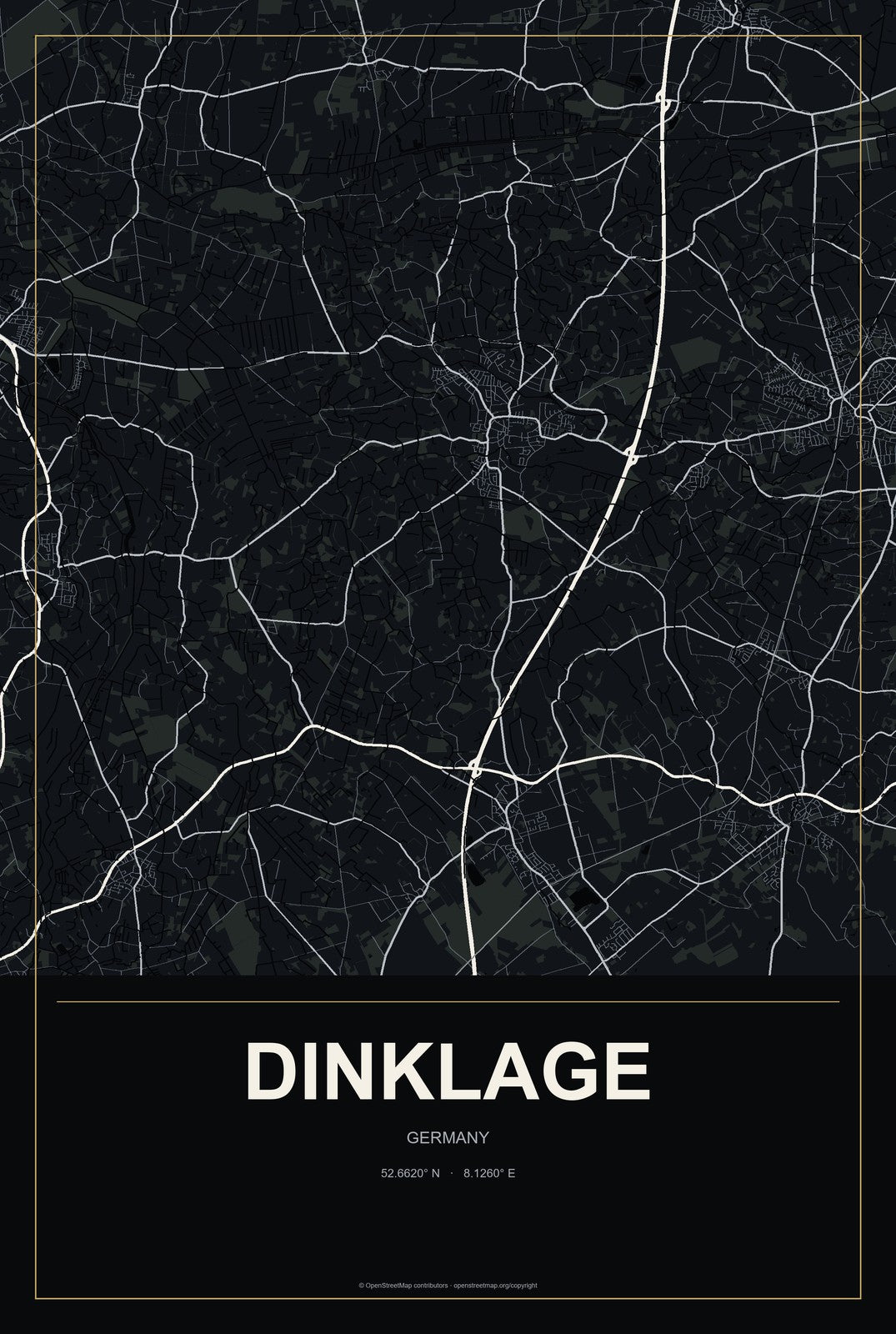 Dinklage, Germany City Map Aluminum Sign in Metropolitan Noir style