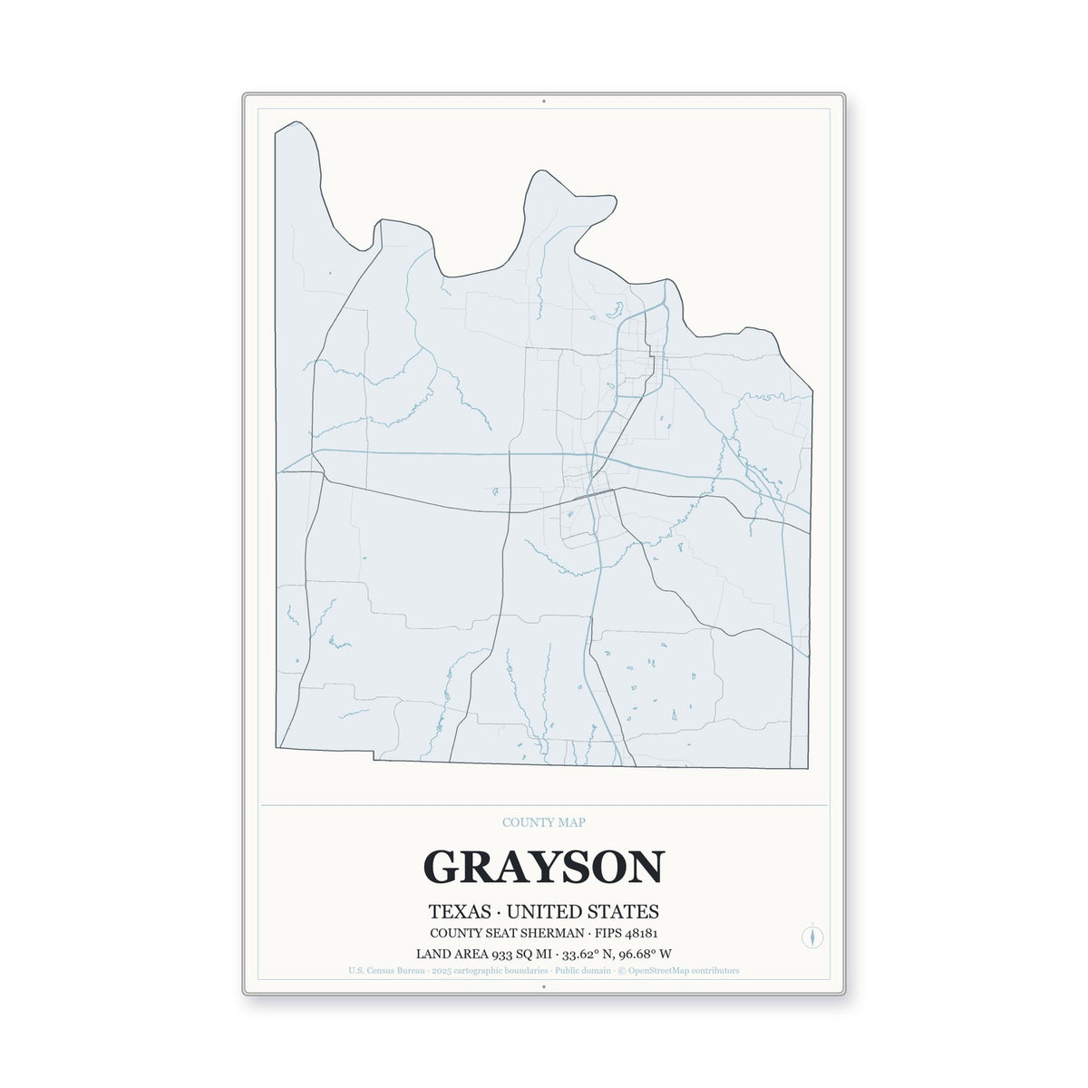 Grayson County, Texas Map Aluminum Sign in Gallery Air style