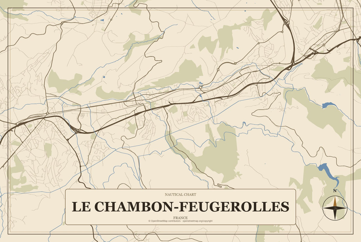 Le Chambon-Feugerolles, France City Map Aluminum Sign in Heritage Nautical style