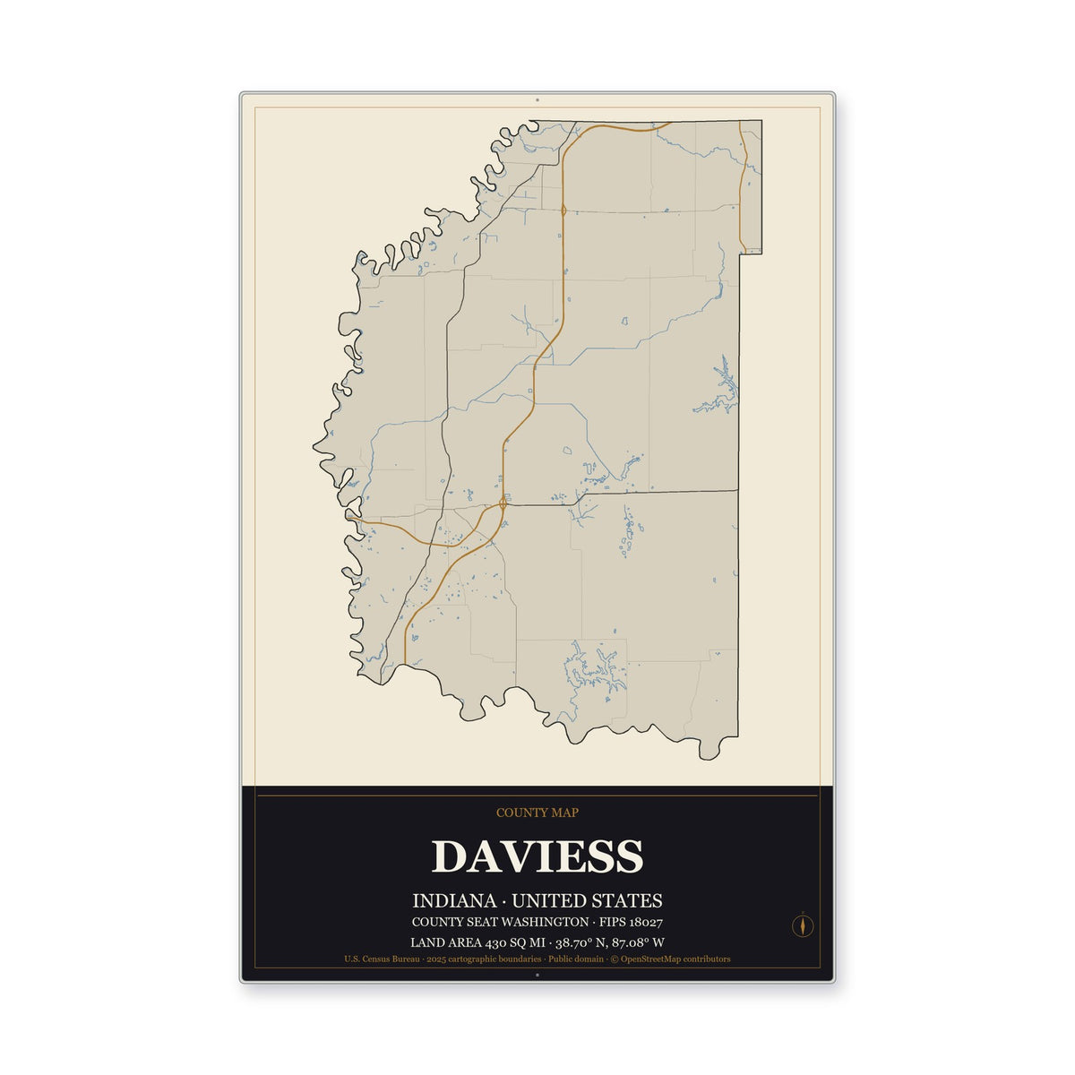 Daviess County, Indiana Map Aluminum Sign in Museum Plaque style