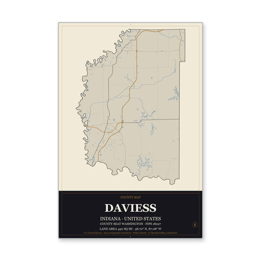 Daviess County, Indiana Map Aluminum Sign in Museum Plaque style