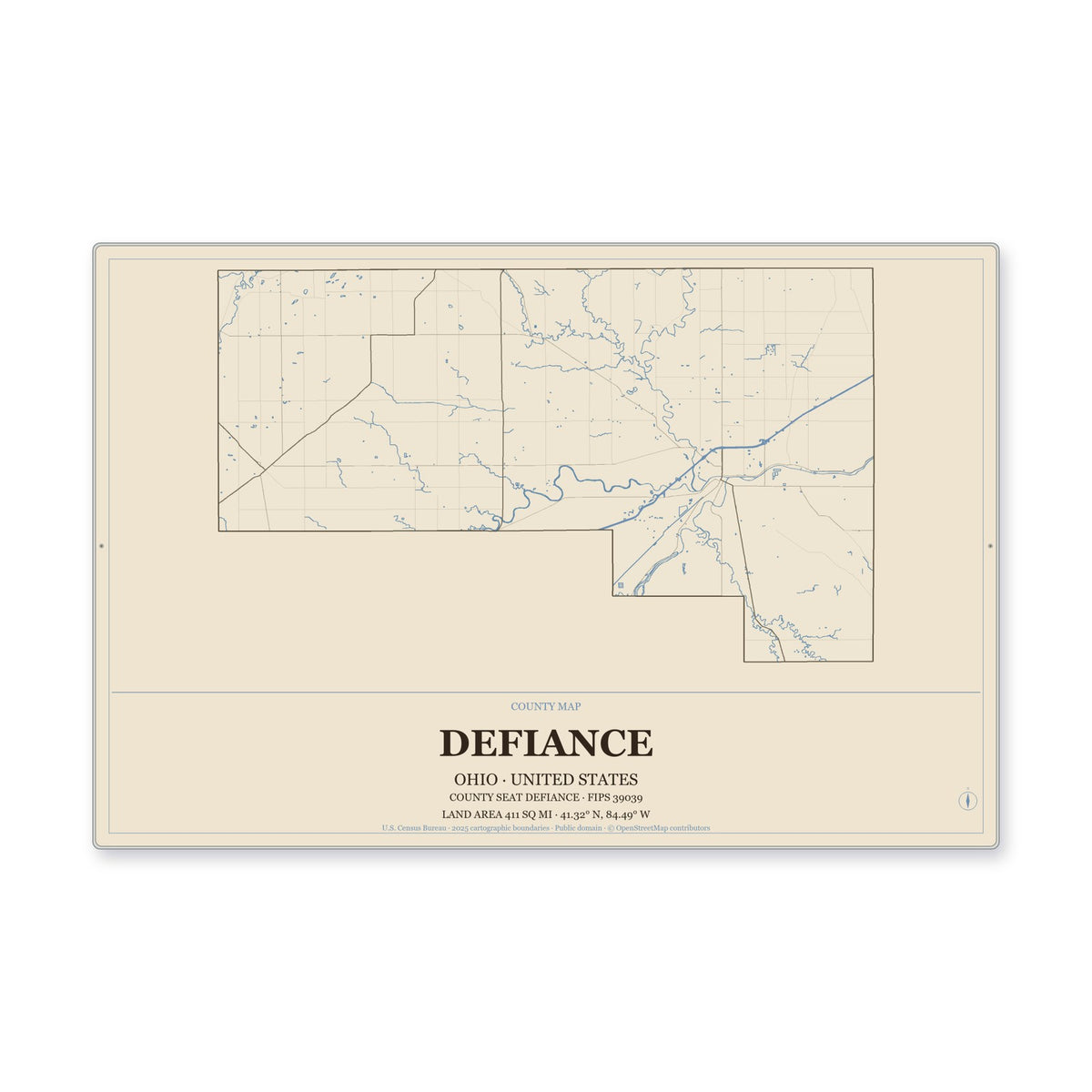 Defiance County, Ohio Map Aluminum Sign in Heritage Nautical style
