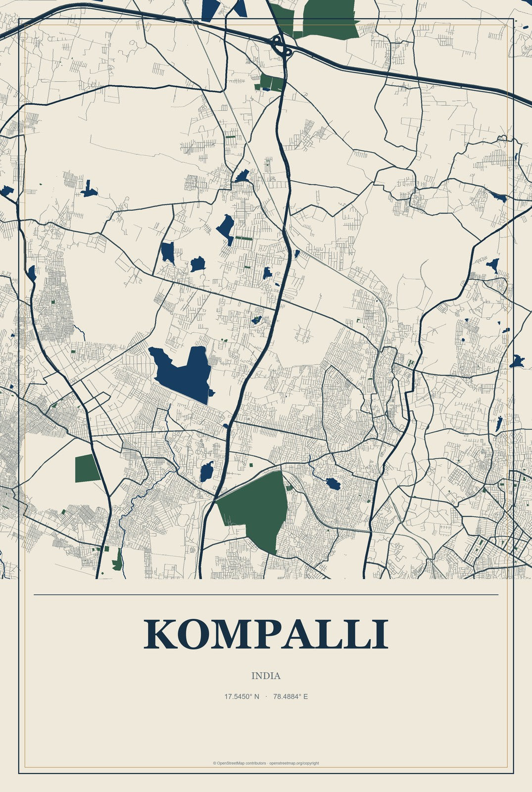 Kompalli, India City Map Aluminum Sign in Coastal Cutout style