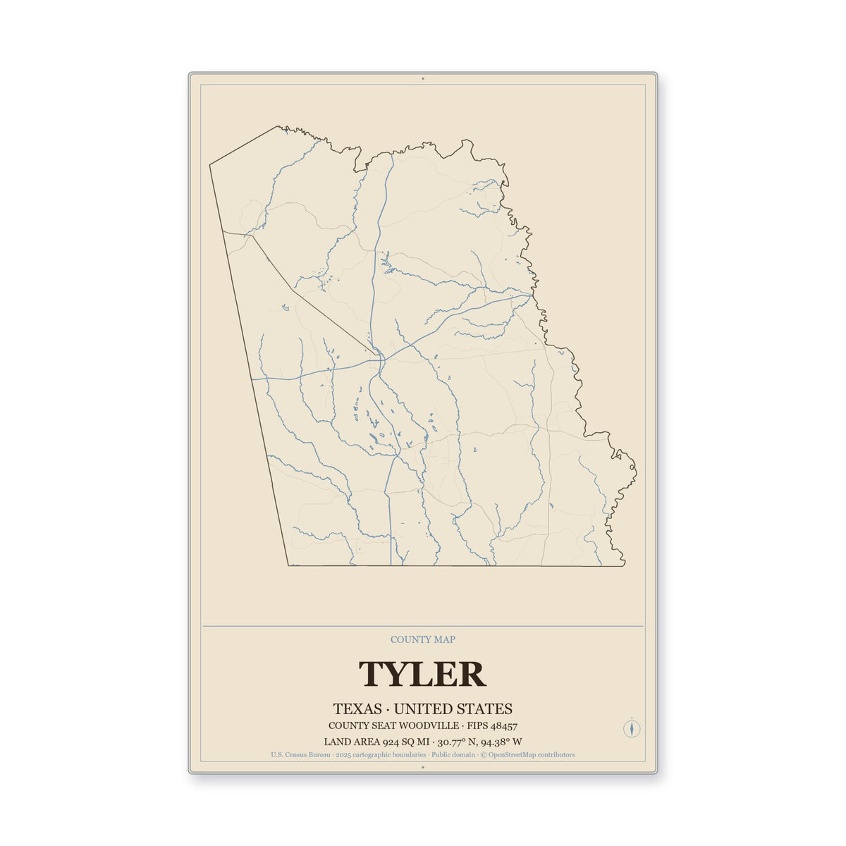 Tyler County, Texas Map Aluminum Sign in Heritage Nautical style