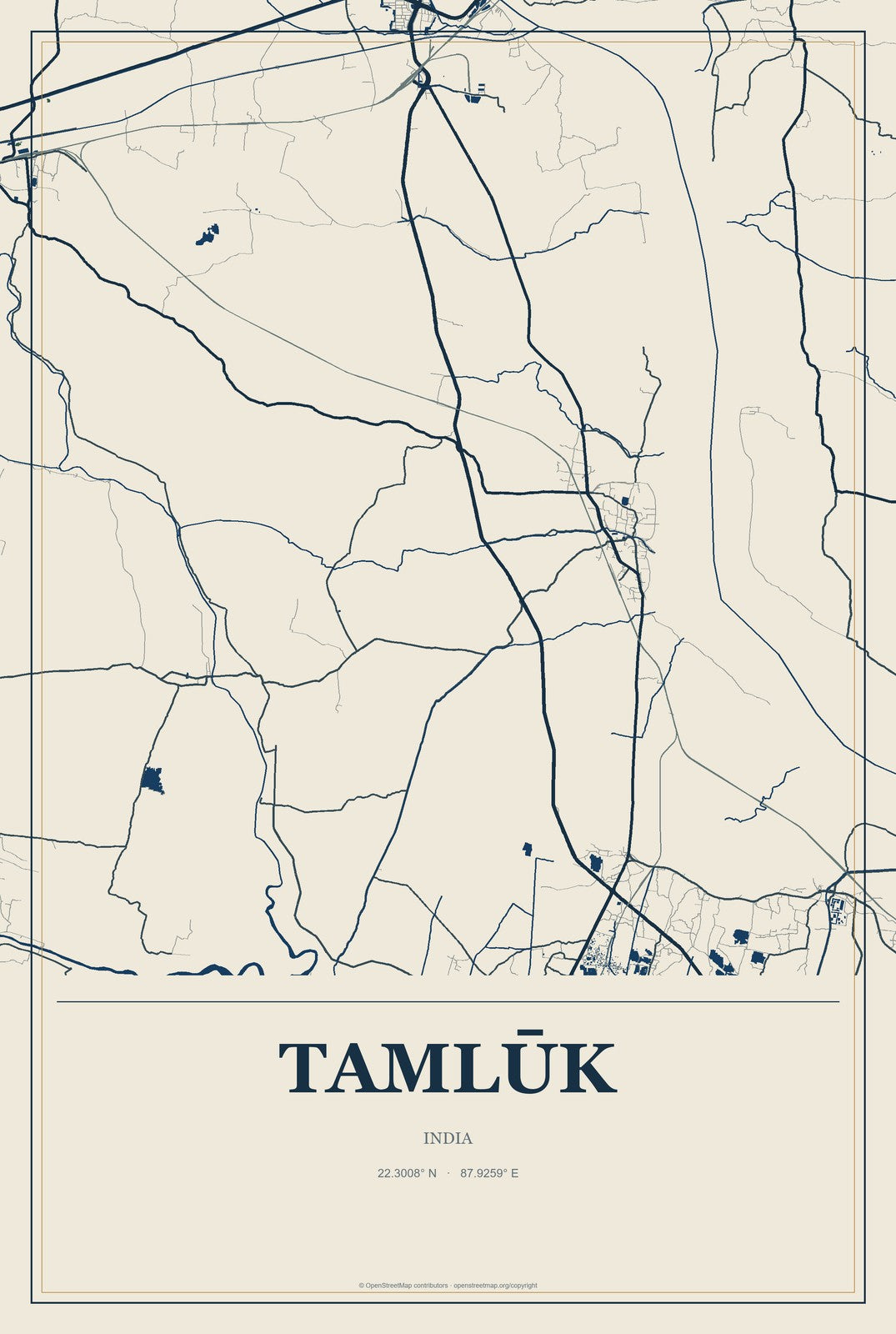 Tamlūk, India City Map Aluminum Sign in Coastal Cutout style