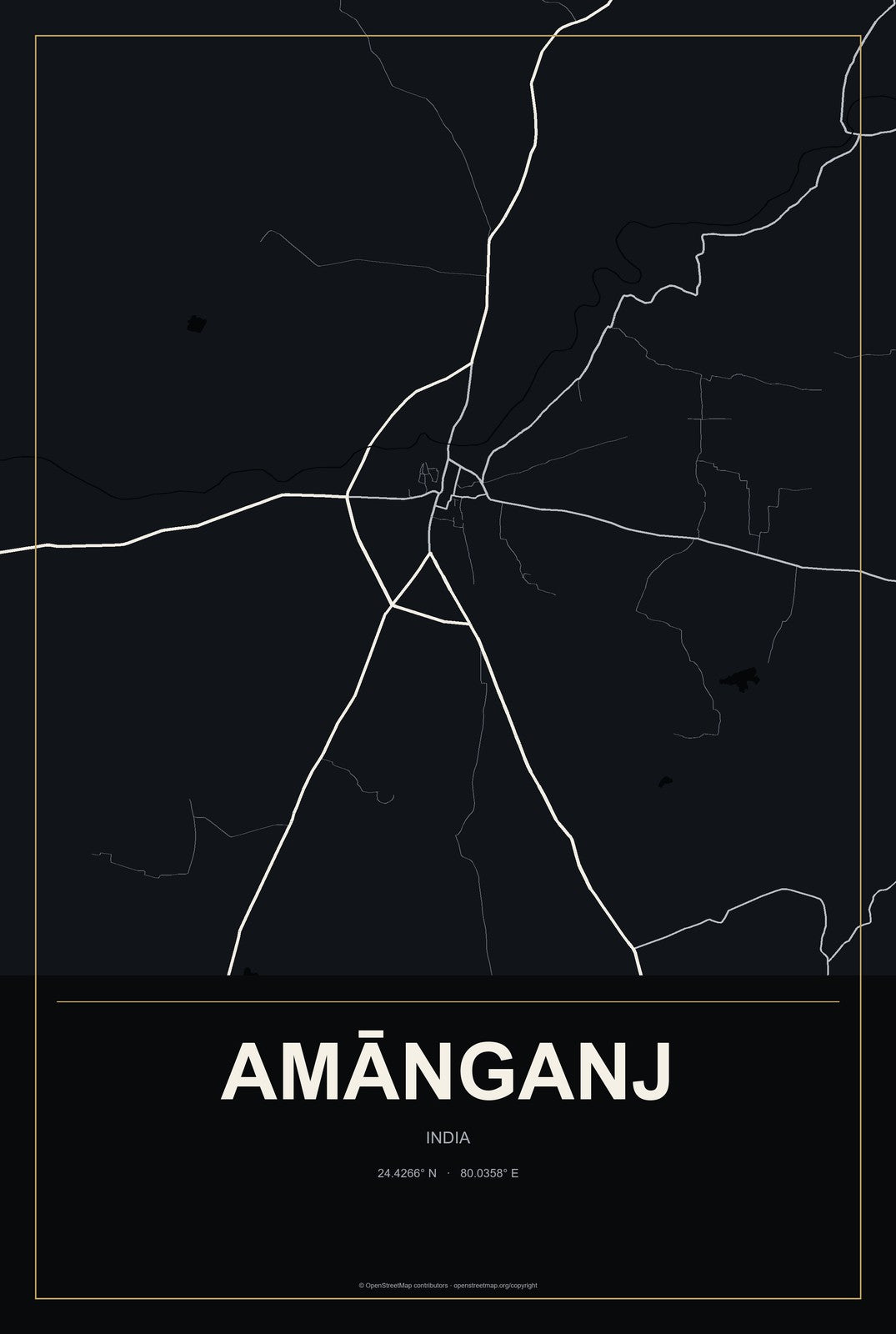 Amānganj, India City Map Aluminum Sign in Metropolitan Noir style
