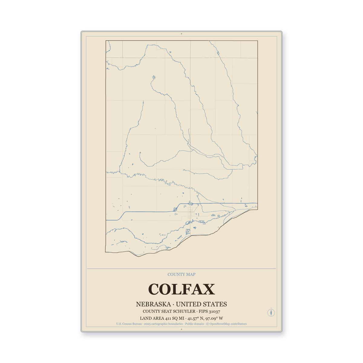 Colfax County, Nebraska Map Aluminum Sign in Heritage Nautical style