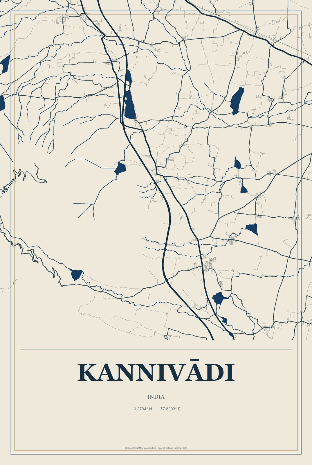 Kannivādi, India City Map Aluminum Sign in Coastal Cutout style