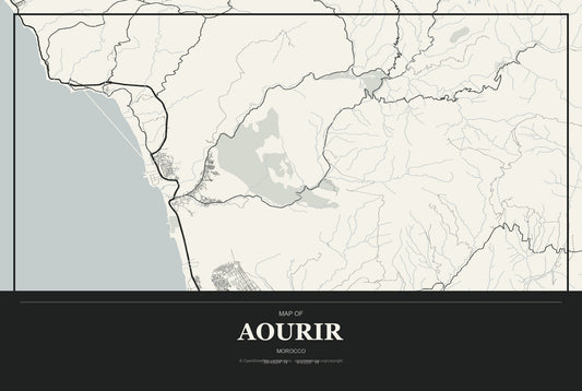 Aourir, Morocco City Map Aluminum Sign in Museum Plaque style