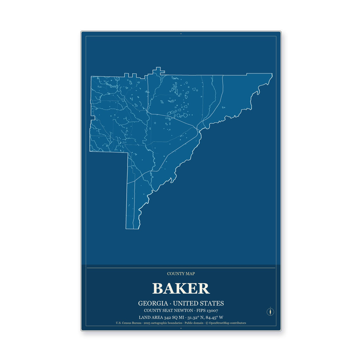 Baker County, Georgia Map Aluminum Sign in Harbor Cobalt style