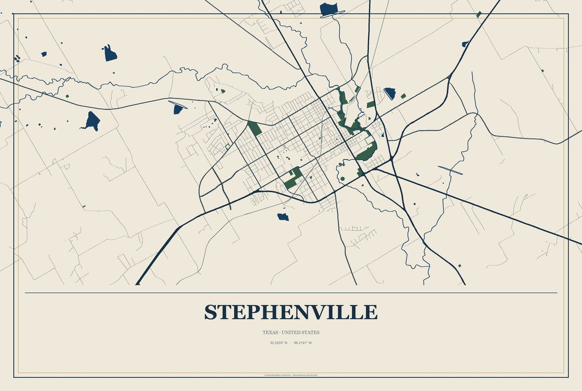 Stephenville, Texas City Map Aluminum Sign in Coastal Cutout style