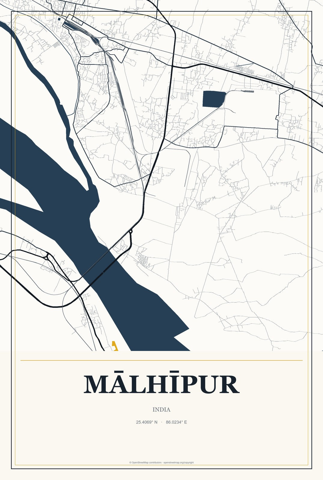 Mālhīpur, India City Map Aluminum Sign in Citrine Modern style