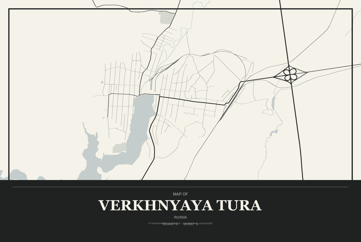 Verkhnyaya Tura, Russia City Map Aluminum Sign in Museum Plaque style