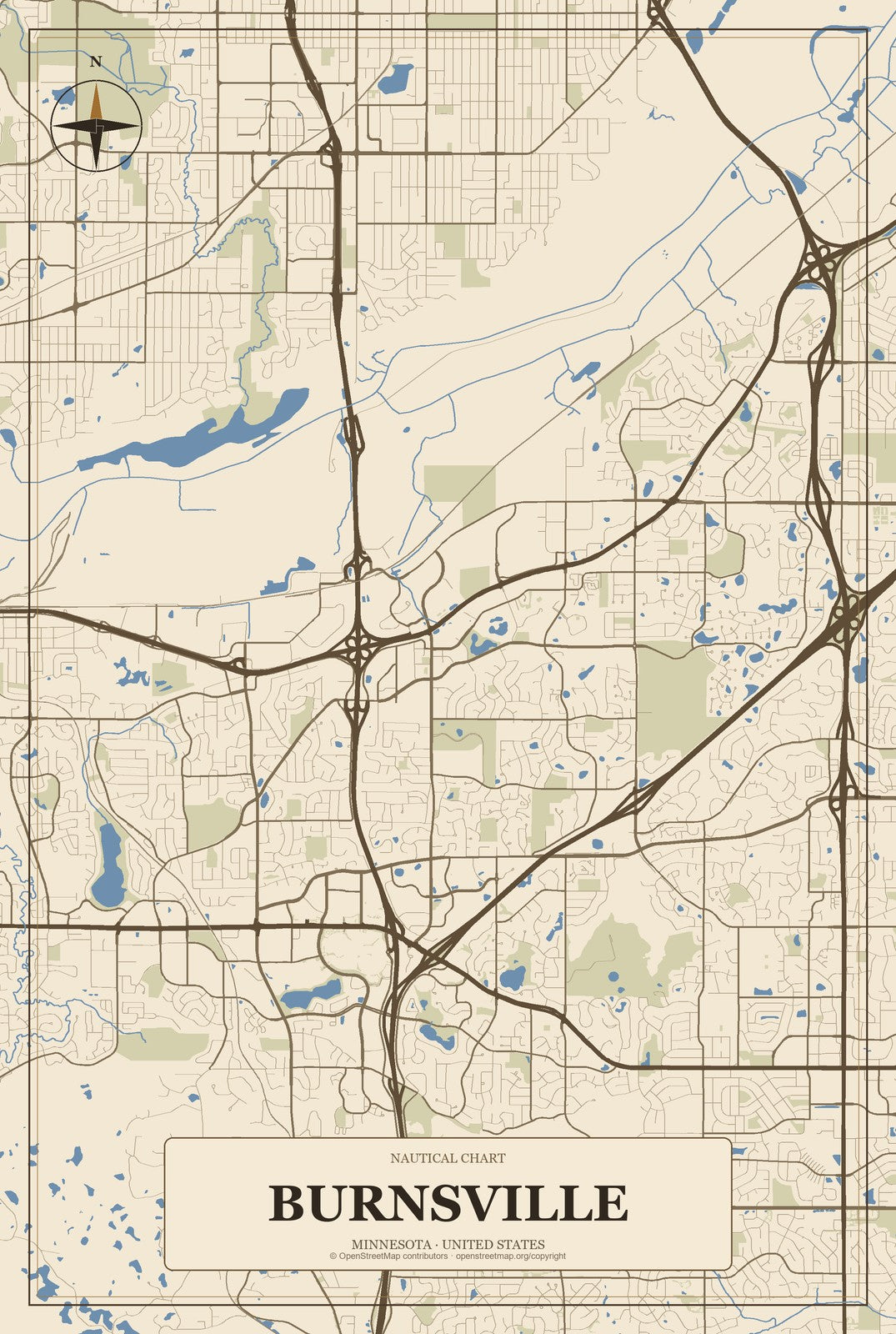 Burnsville, Minnesota City Map Aluminum Sign in Heritage Nautical style