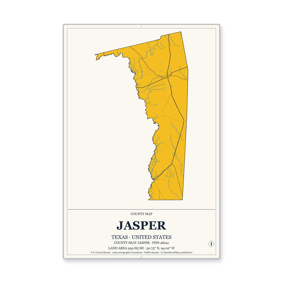 Jasper County, Texas Map Aluminum Sign in Citrine Modern style
