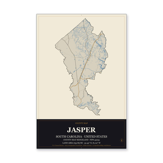 Jasper County, South Carolina Map Aluminum Sign in Museum Plaque style