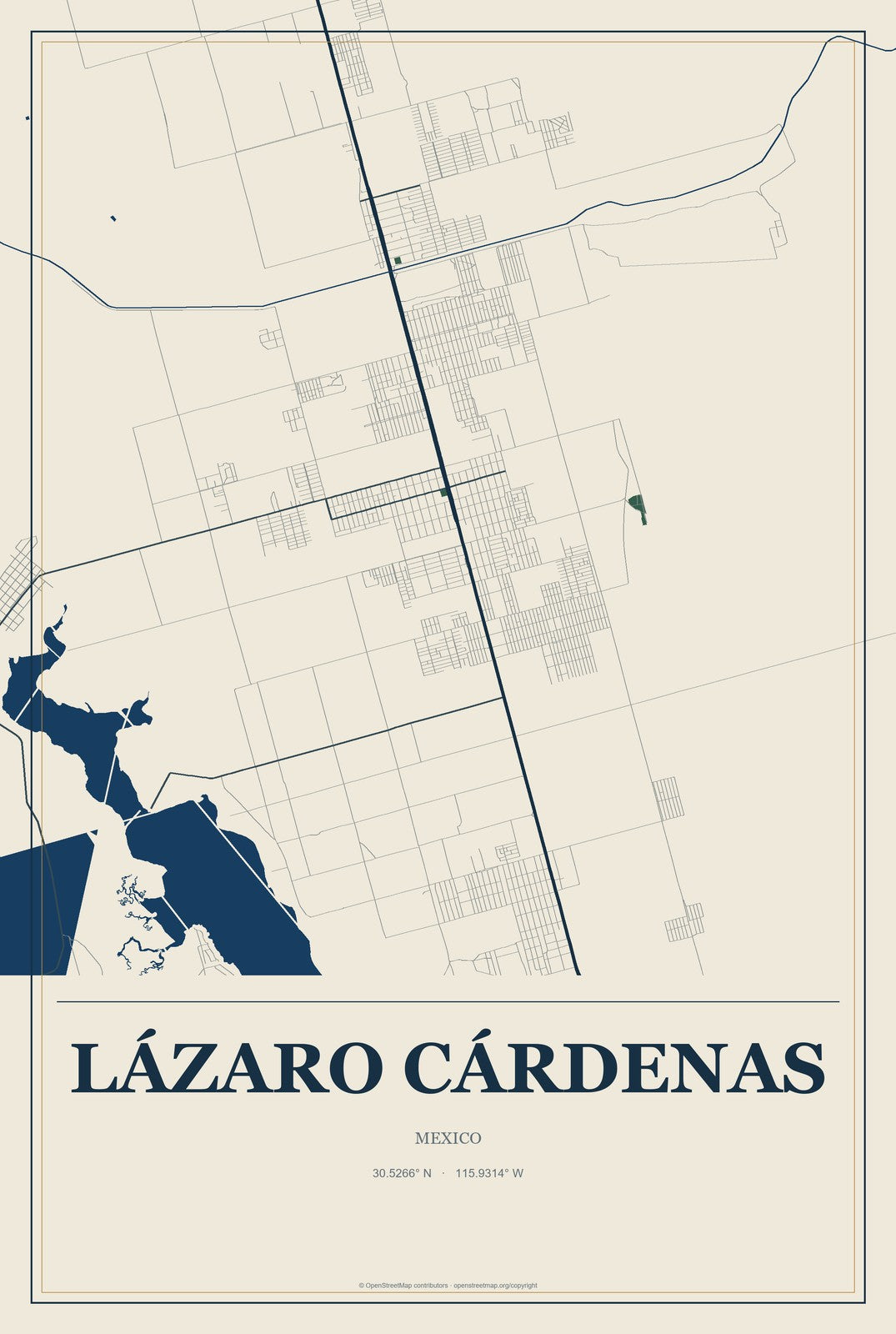 Lázaro Cárdenas, Mexico City Map Aluminum Sign in Coastal Cutout style