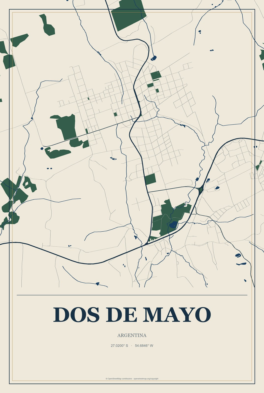 Dos de Mayo, Argentina City Map Aluminum Sign in Coastal Cutout style