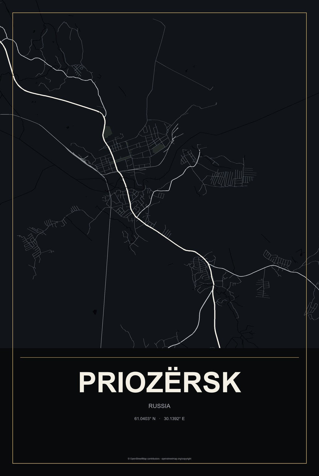Priozërsk, Russia City Map Aluminum Sign in Metropolitan Noir style