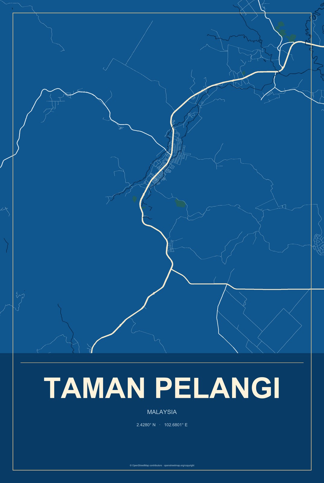 Taman Pelangi, Malaysia City Map Aluminum Sign in Harbor Cobalt style