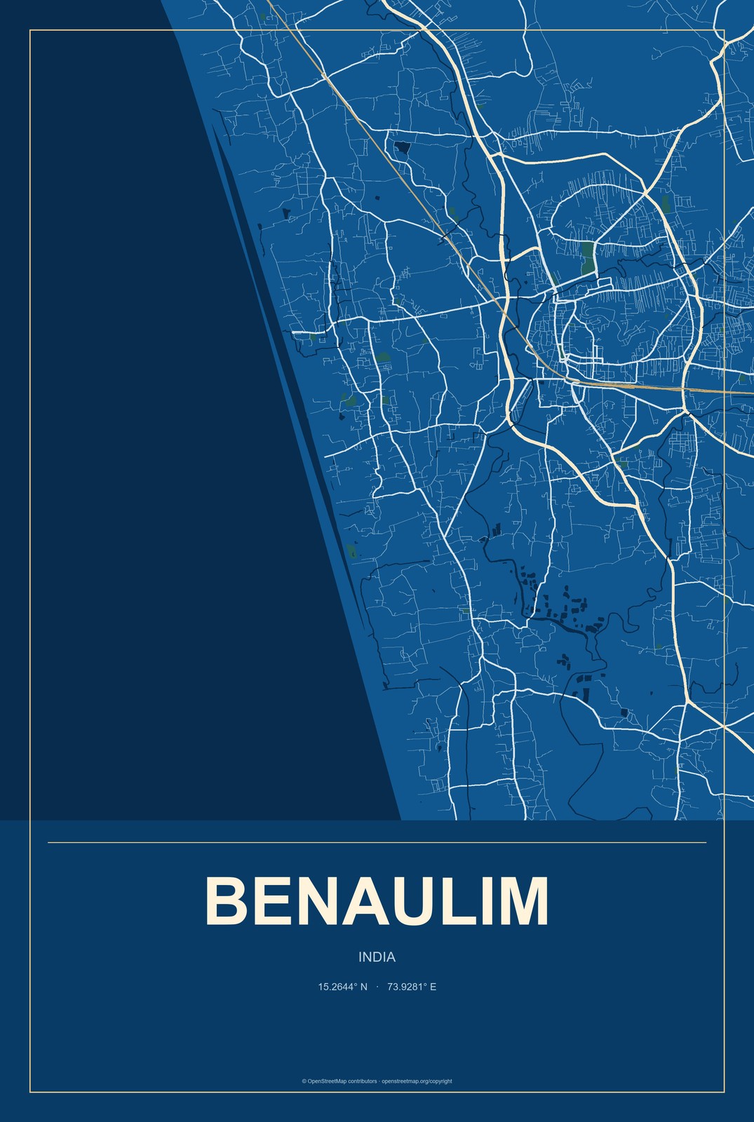 Benaulim, India City Map Aluminum Sign in Harbor Cobalt style
