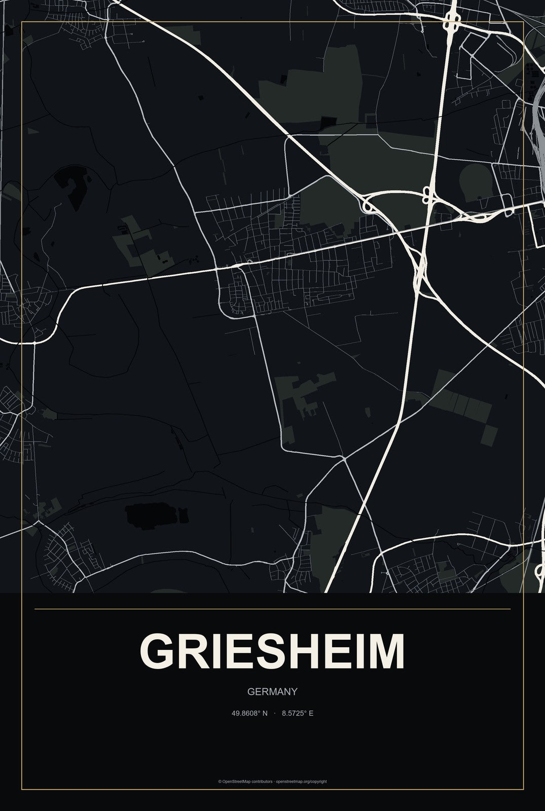 Griesheim, Germany City Map Aluminum Sign in Metropolitan Noir style
