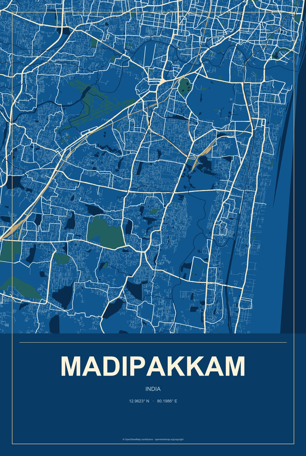 Madipakkam, India City Map Aluminum Sign in Harbor Cobalt style