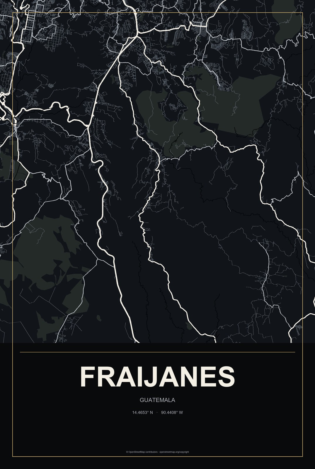 Fraijanes, Guatemala City Map Aluminum Sign in Metropolitan Noir style
