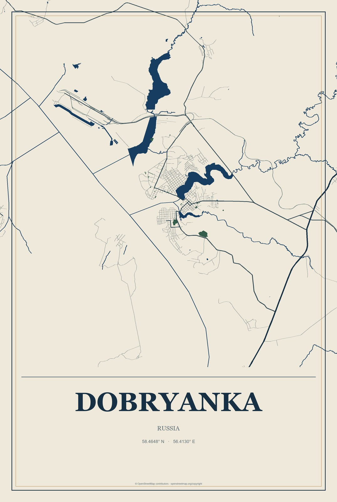Dobryanka, Russia City Map Aluminum Sign in Coastal Cutout style