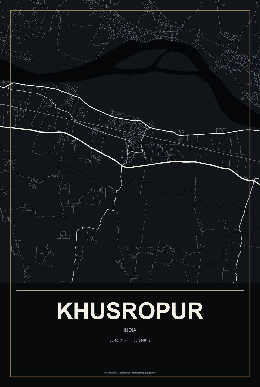 Khusropur, India City Map Aluminum Sign in Metropolitan Noir style