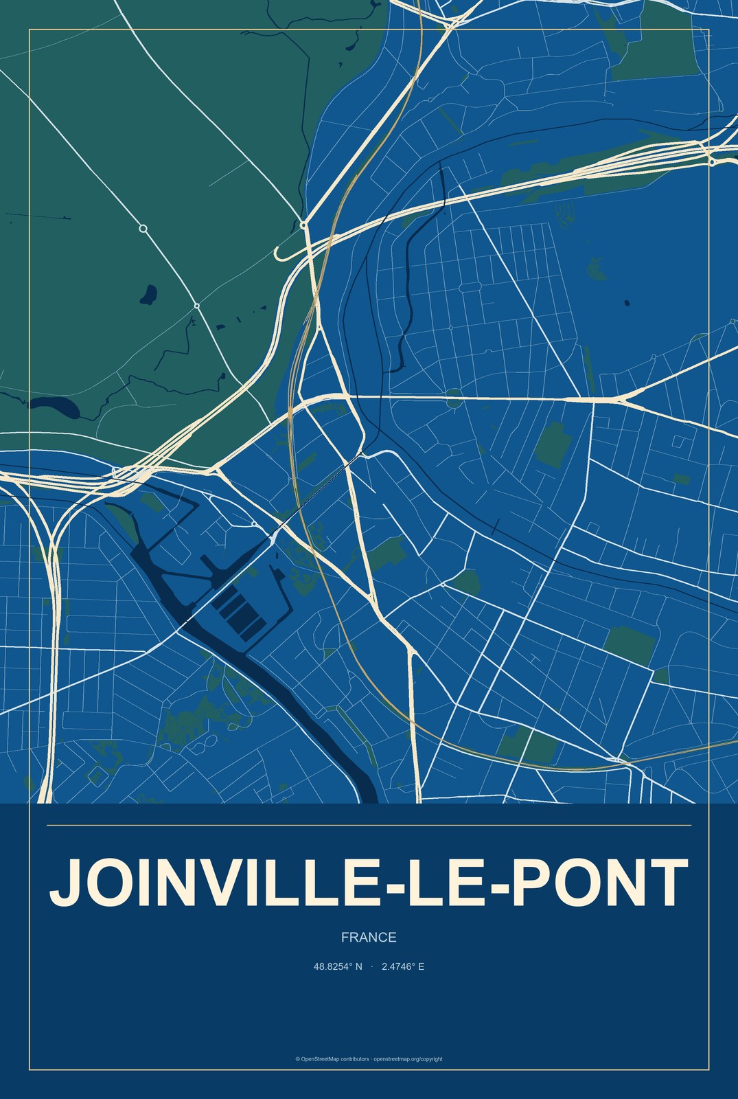 Joinville-le-Pont, France City Map Aluminum Sign in Harbor Cobalt style