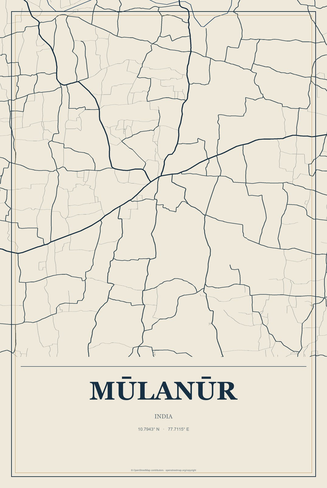 Mūlanūr, India City Map Aluminum Sign in Coastal Cutout style