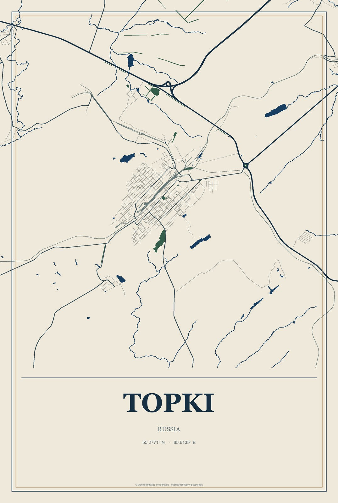 Topki, Russia City Map Aluminum Sign in Coastal Cutout style