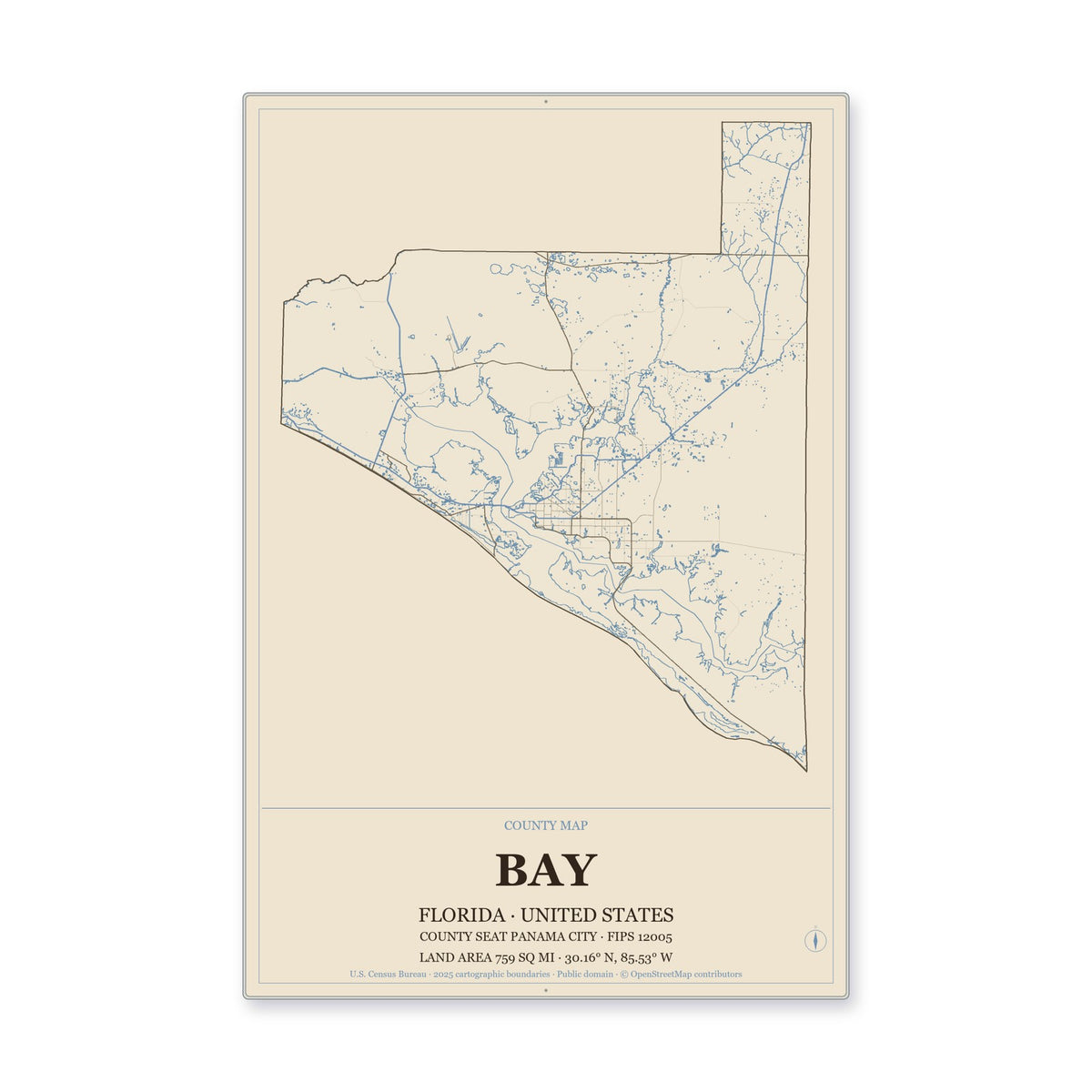 Bay County, Florida Map Aluminum Sign in Heritage Nautical style