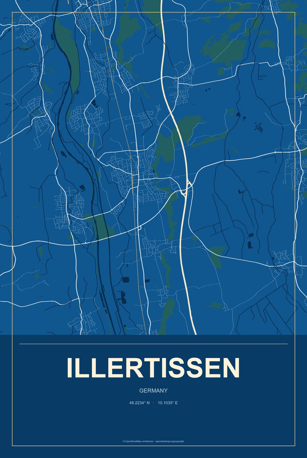 Illertissen, Germany City Map Aluminum Sign in Harbor Cobalt style
