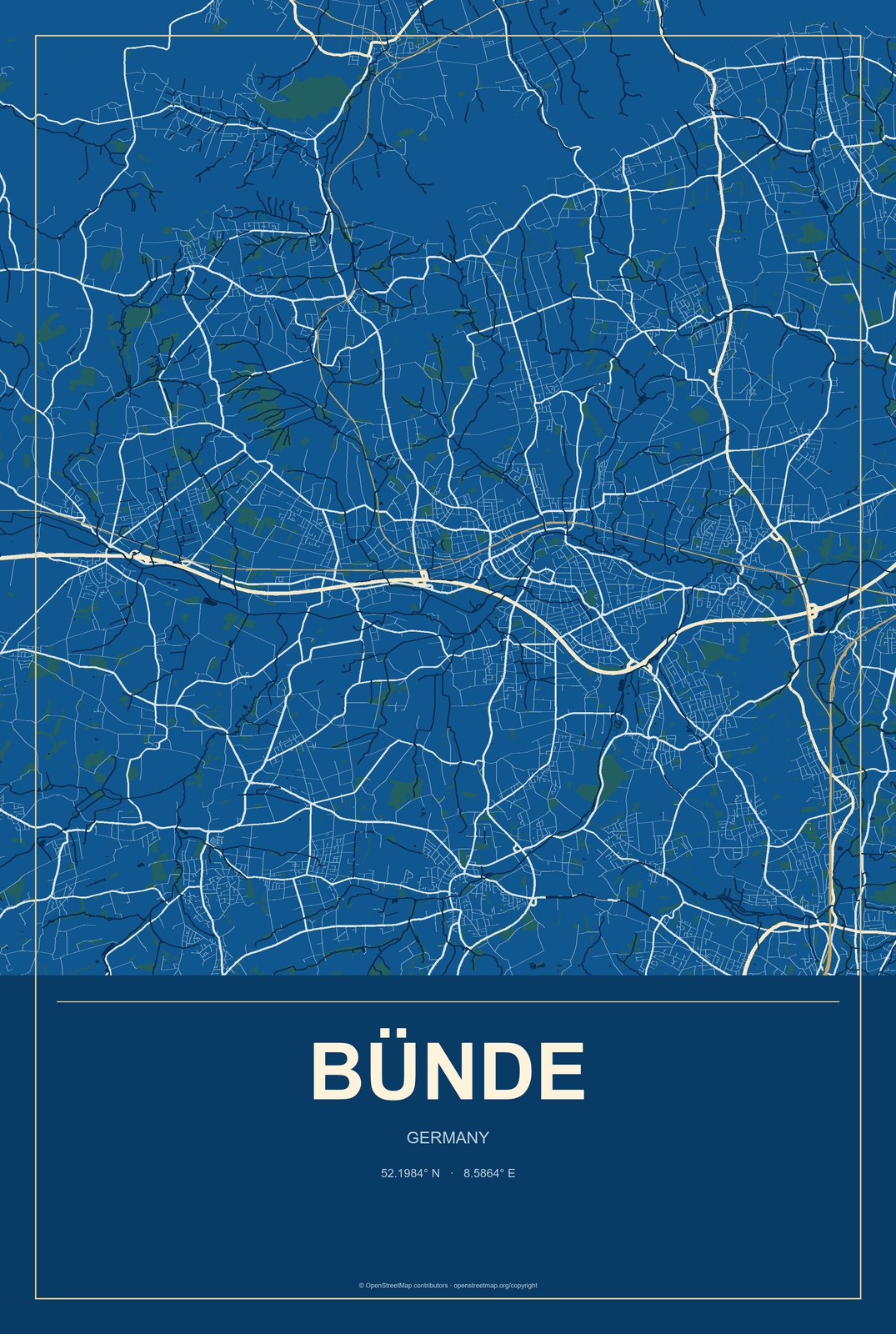 Bünde, Germany City Map Aluminum Sign in Harbor Cobalt style