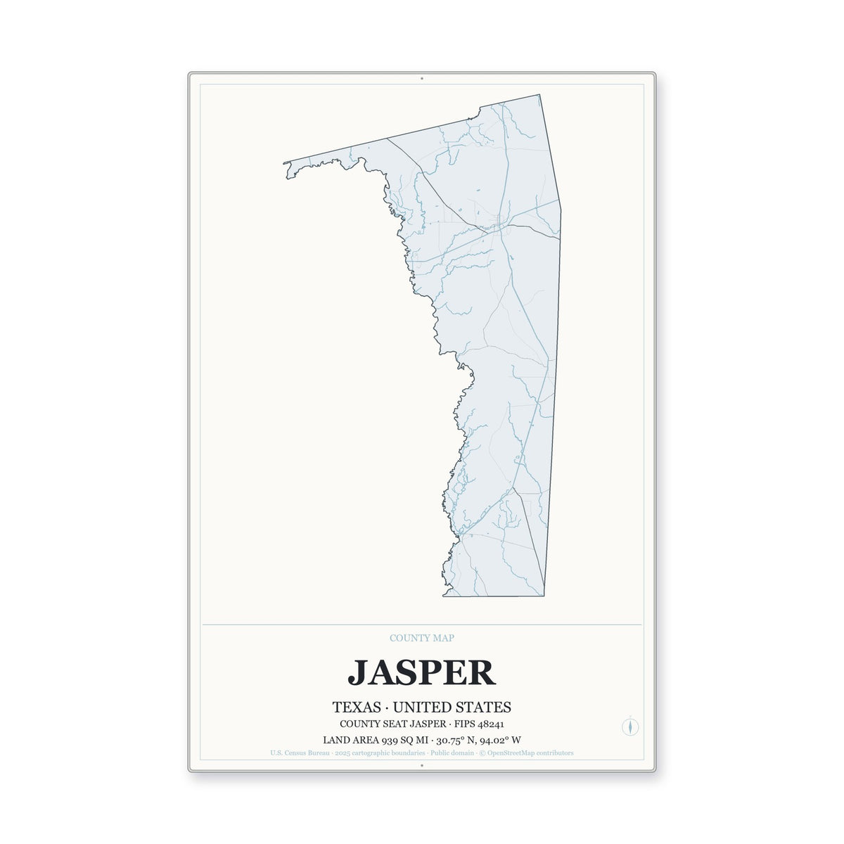 Jasper County, Texas Map Aluminum Sign in Gallery Air style