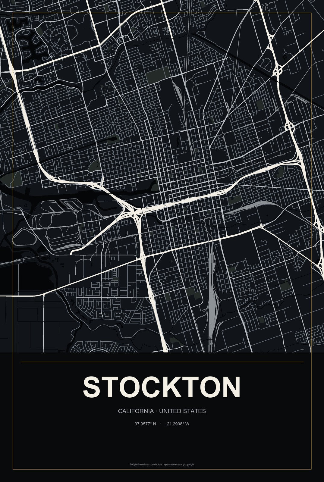Stockton, California City Map Aluminum Sign in Metropolitan Noir style