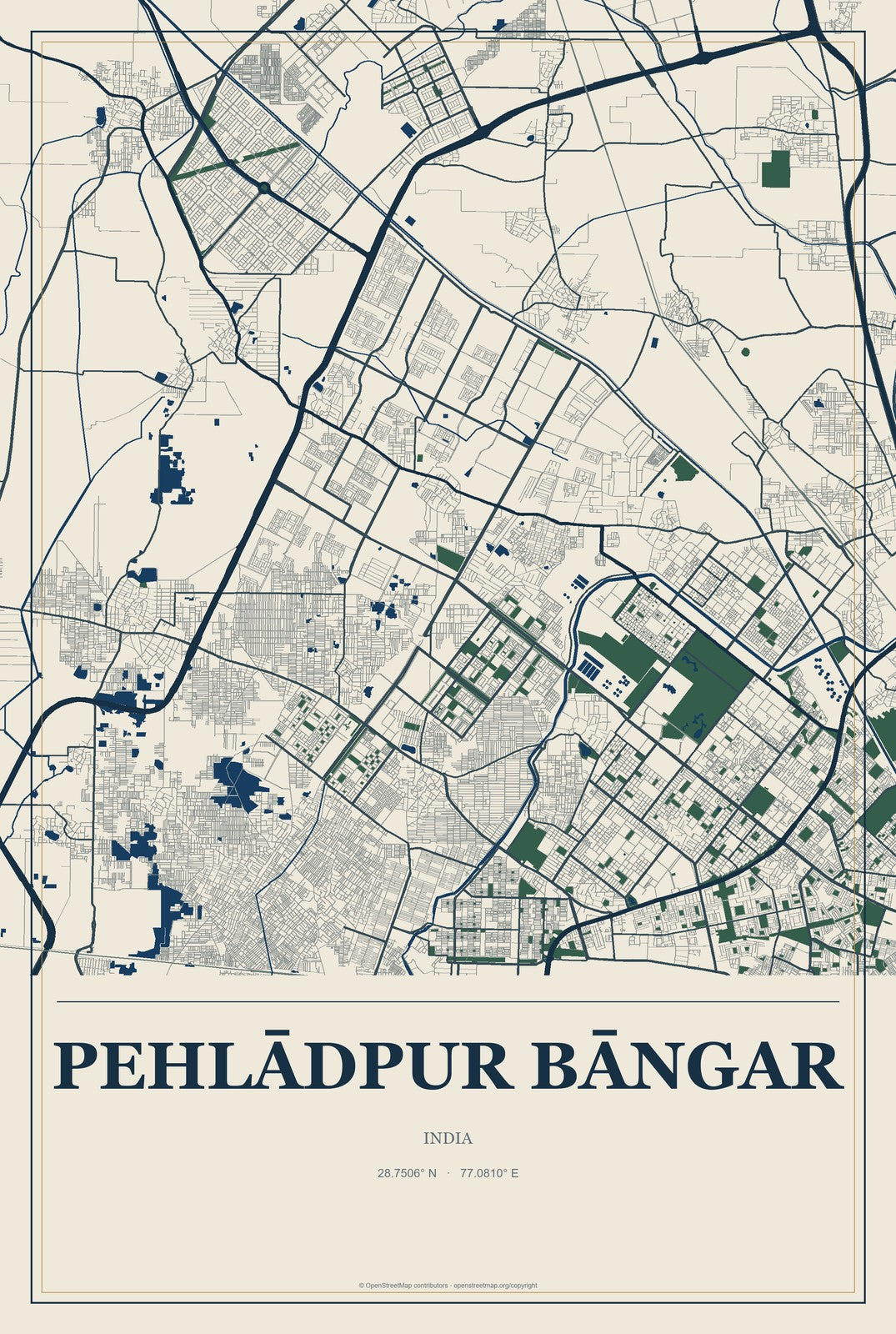 Pehlādpur Bāngar, India City Map Aluminum Sign in Coastal Cutout style