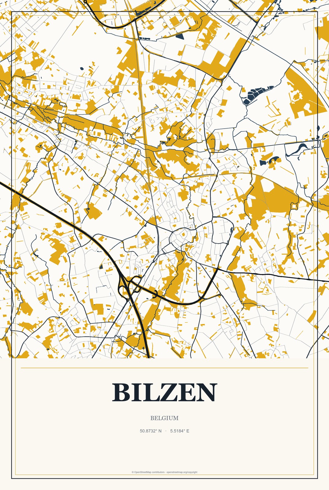 Bilzen, Belgium City Map Aluminum Sign in Citrine Modern style