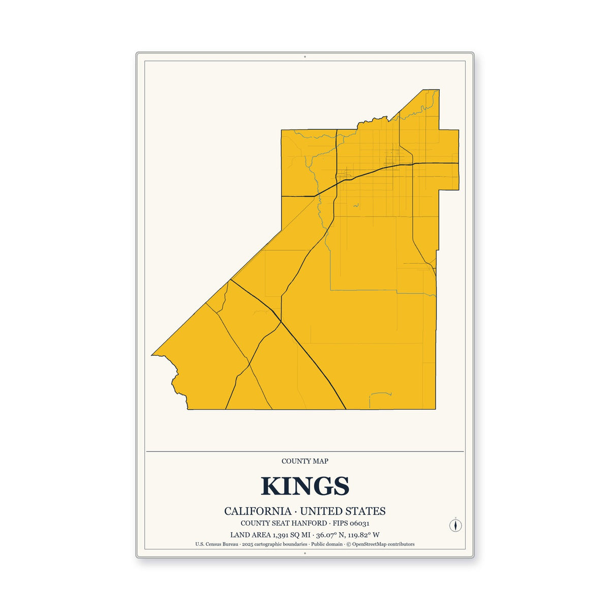 Kings County, California Map Aluminum Sign in Citrine Modern style