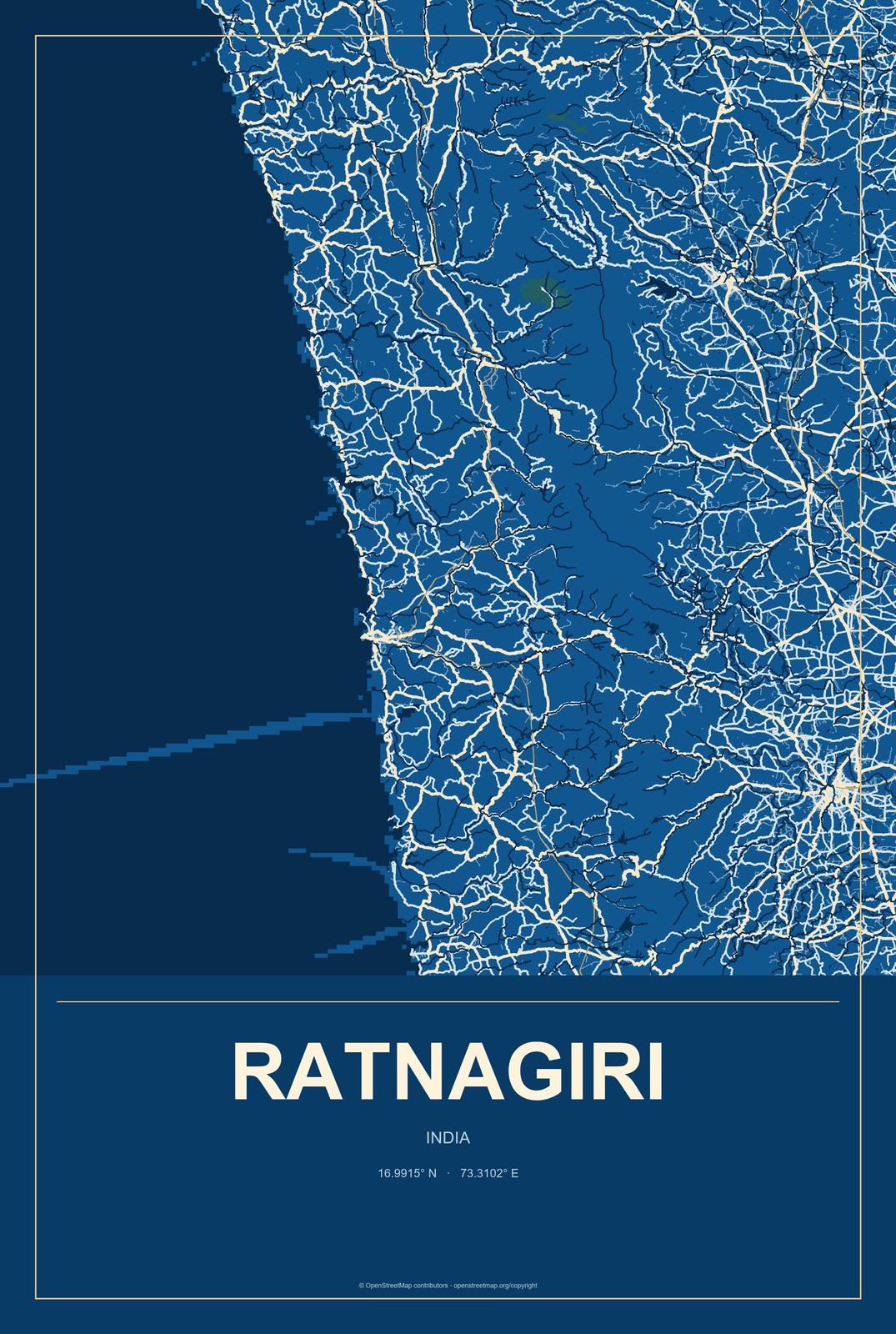 Ratnagiri, India City Map Aluminum Sign in Harbor Cobalt style