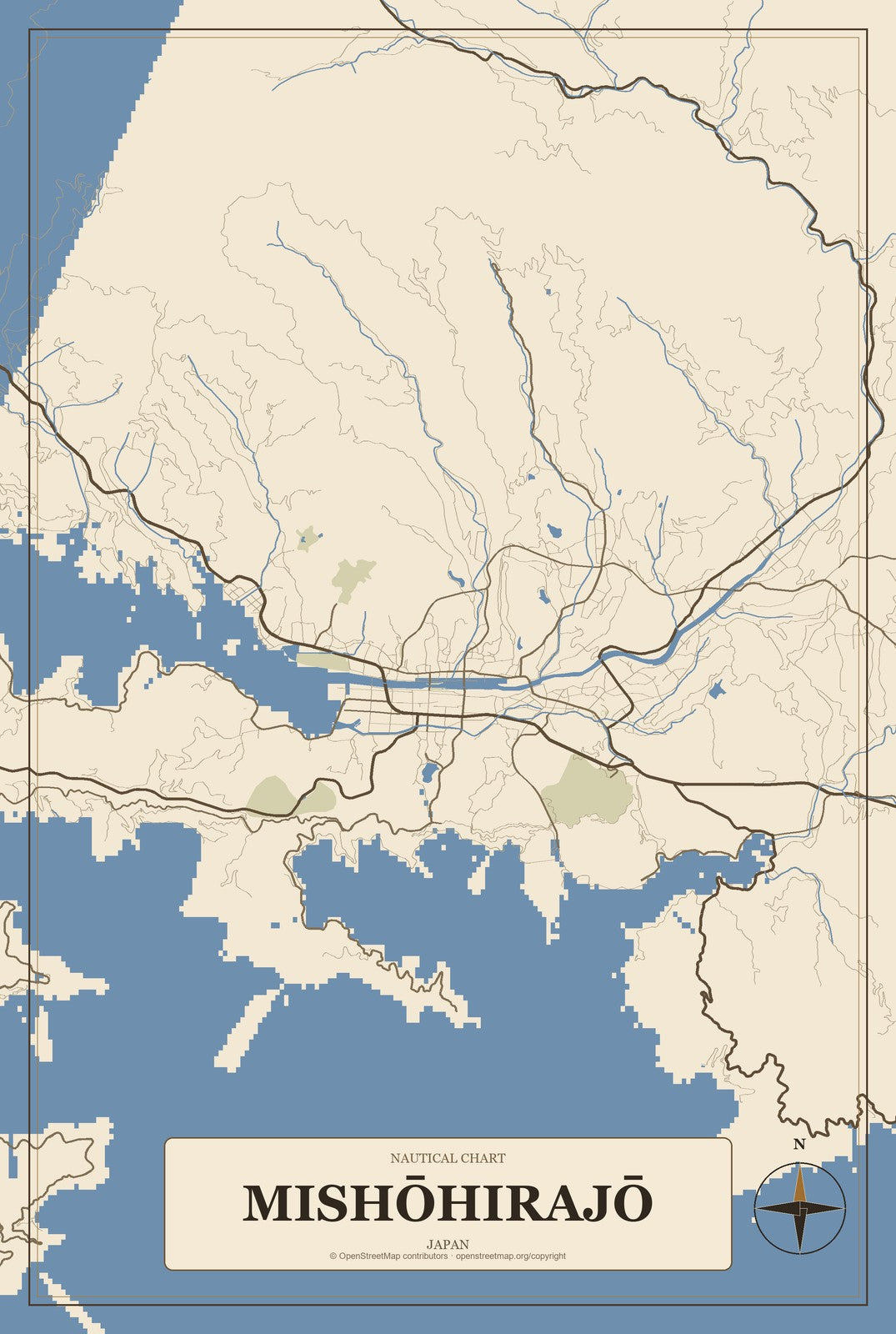 Mishōhirajō, Japan City Map Aluminum Sign in Heritage Nautical style