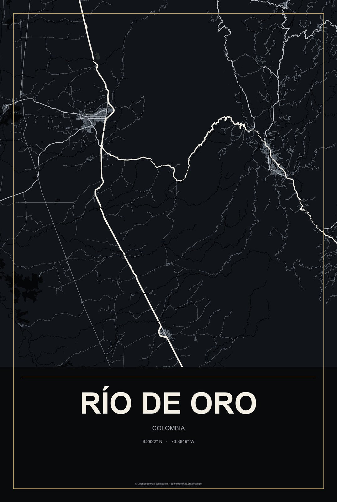 Río de Oro, Colombia City Map Aluminum Sign in Metropolitan Noir style