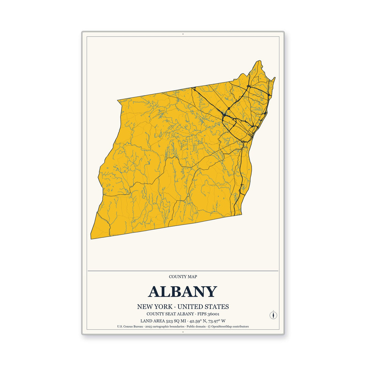 Albany County, New York Map Aluminum Sign in Citrine Modern style