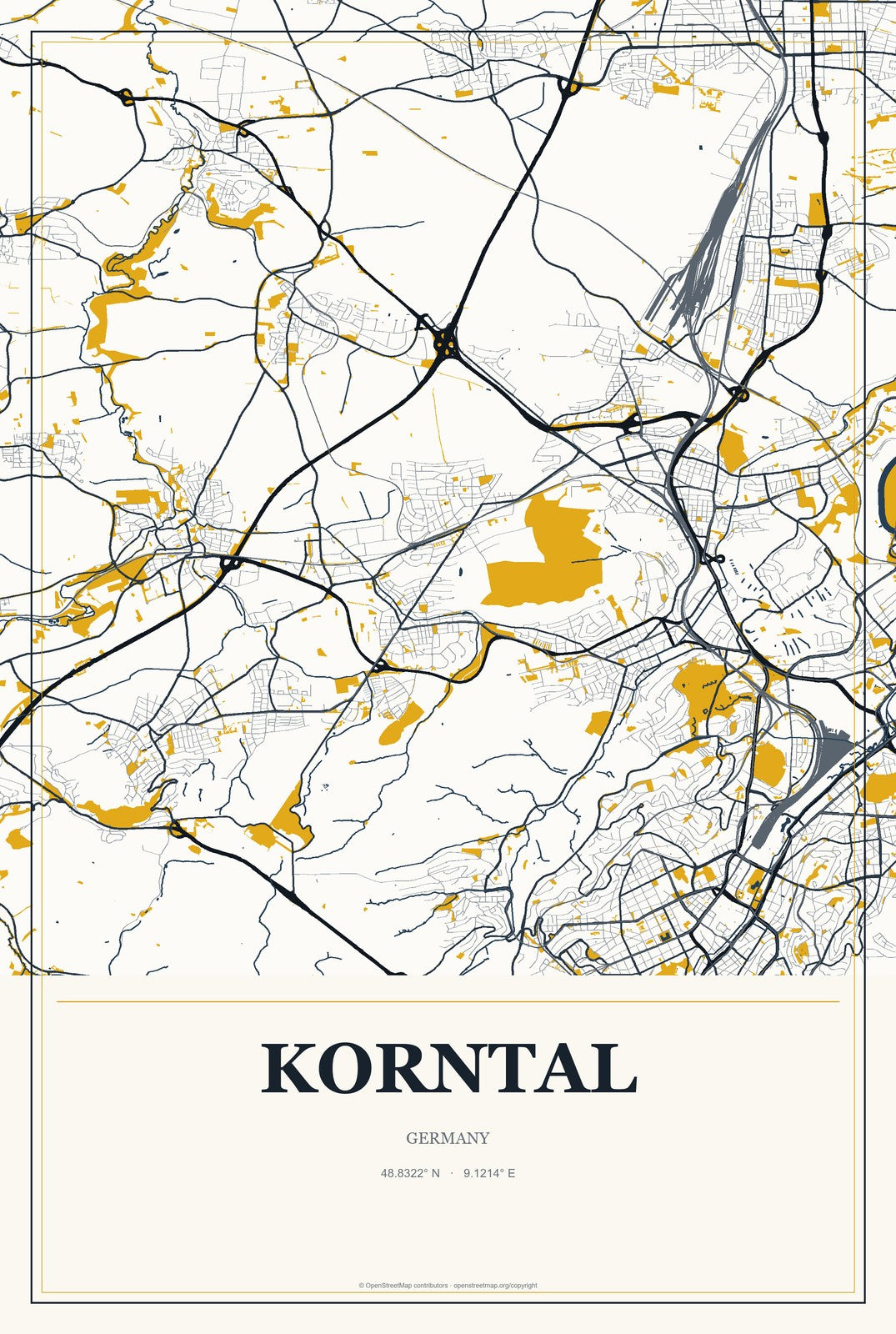 Korntal, Germany City Map Aluminum Sign in Citrine Modern style