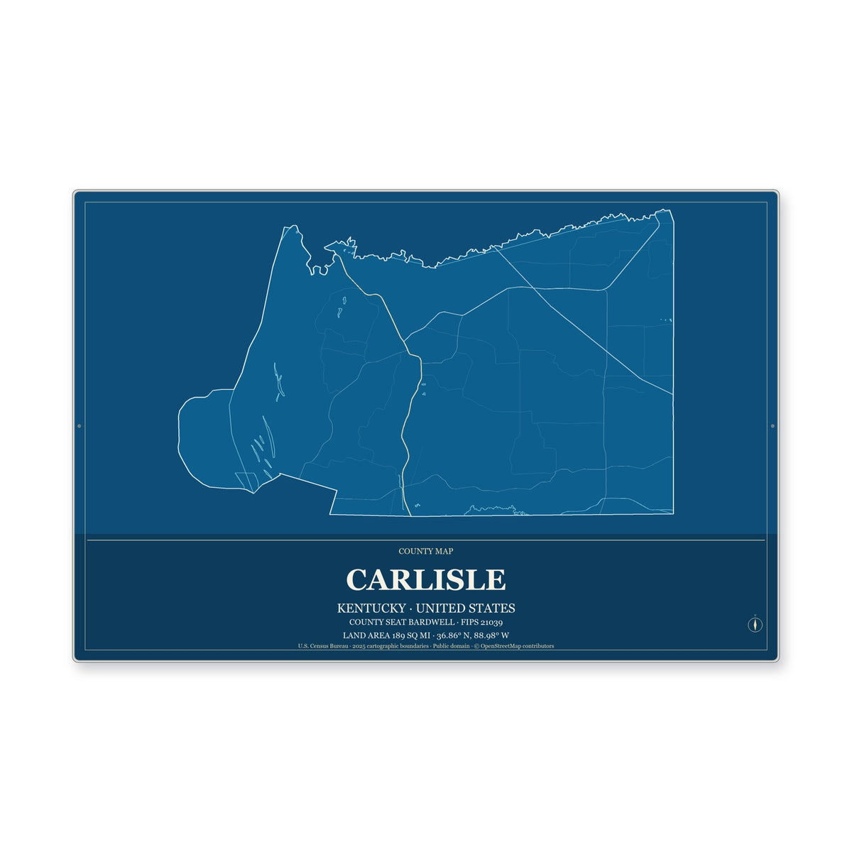 Carlisle County, Kentucky Map Aluminum Sign in Harbor Cobalt style